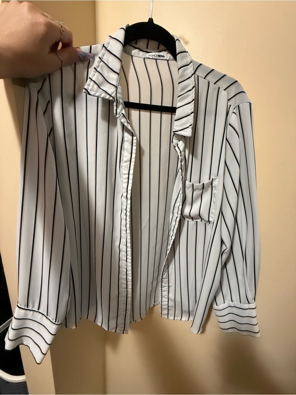 Fashion Nova White Blouse with Black and Tan Pinstripes
